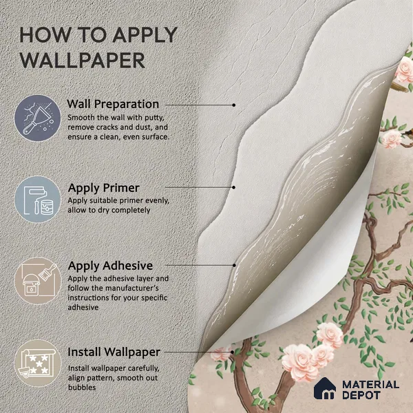 Warm Taupe Floral Branch Serenity Chinoserie Blossom Mural Art | WP 03939 Non Woven Matte Finish Chinoiserie Style Premium Customized size Wallpaper | 150 GSM WP01MTF Paper | (MOQ = 30 Sq. Ft.) | Design change not possible