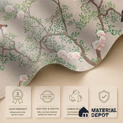 Warm Taupe Floral Branch Serenity Chinoserie Blossom Mural Art | WP 03939 Non Woven Matte Finish Chinoiserie Style Premium Customized size Wallpaper | 150 GSM WP01MTF Paper | (MOQ = 30 Sq. Ft.) | Design change not possible