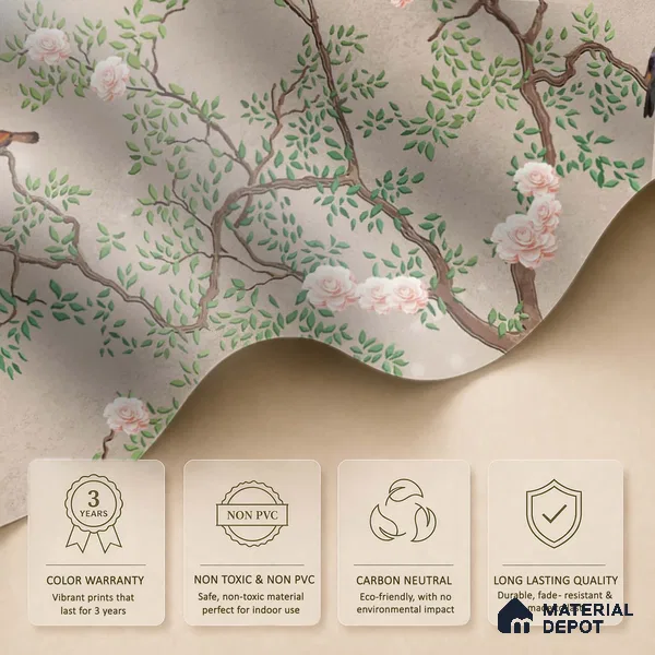 Warm Taupe Floral Branch Serenity Chinoserie Blossom Mural Art | WP 03939 Non Woven Matte Finish Chinoiserie Style Premium Customized size Wallpaper | 150 GSM WP01MTF Paper | (MOQ = 30 Sq. Ft.) | Design change not possible
