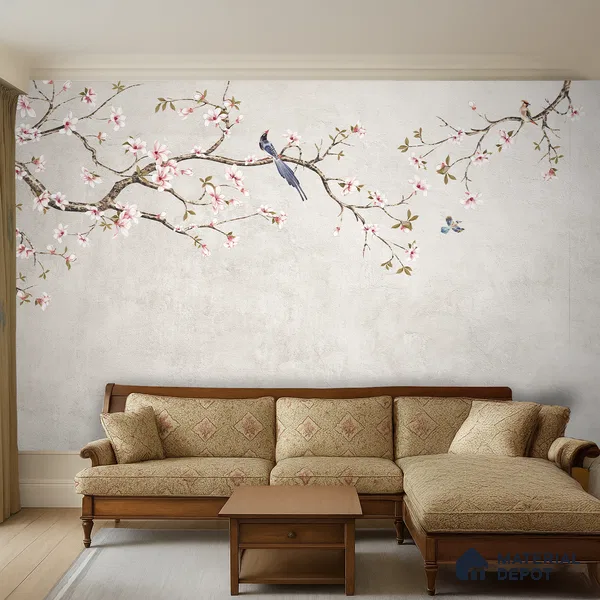 Soft Pearl Blossom Branch Elegance Chinoserie Mural Art | WP 03940 B Canvas Texture Finish Chinoiserie Style luxurious Customized size Wallpaper | 250 GSM WP01CNF Paper | (MOQ = 30 Sq. Ft.) | Design change not possible