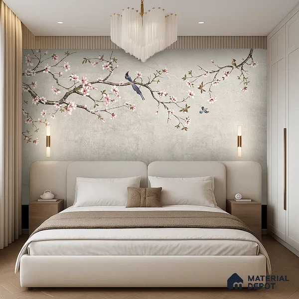 Soft Pearl Blossom Branch Elegance Chinoserie Mural Art | WP 03940 B Canvas Texture Finish Chinoiserie Style luxurious Customized size Wallpaper | 250 GSM WP01CNF Paper | (MOQ = 30 Sq. Ft.) | Design change not possible