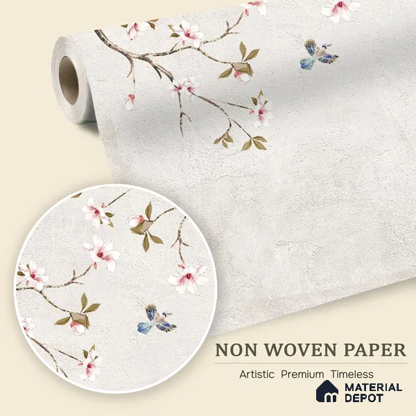 Soft Pearl Blossom Branch Elegance Chinoserie Mural Art | WP 03940 Non Woven Matte Finish Chinoiserie Style Premium Customized size Wallpaper | 150 GSM WP01MTF Paper | (MOQ = 30 Sq. Ft.) | Design change not possible