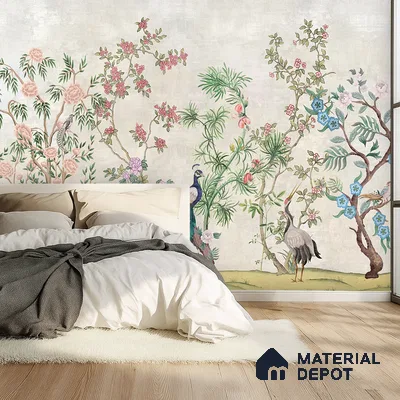 Antique Ivory Imperial Garden Court Orient Bloom Chinoserie Pattern | WP 03941 Non Woven Matte Finish Chinoiserie Style Premium Customized size Wallpaper | 150 GSM WP01MTF Paper | (MOQ = 30 Sq. Ft.) | Design change not possible