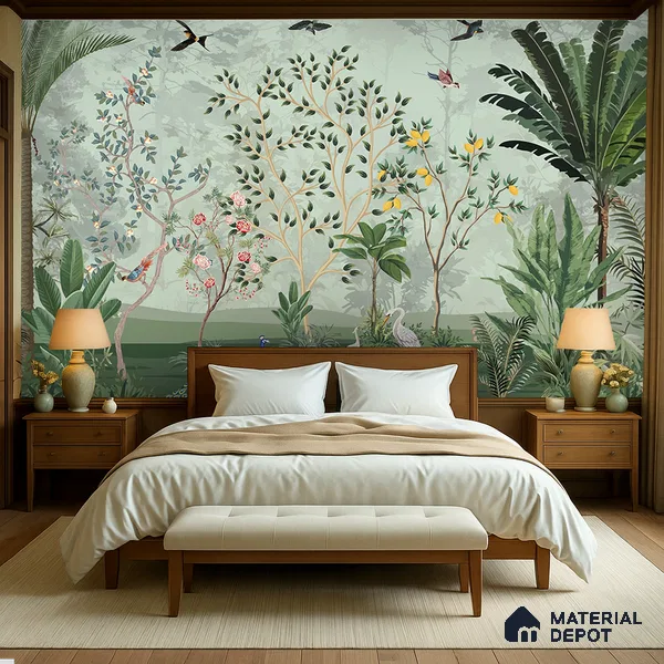 Green Orchard Court Mughal Tropics Chinoserie Mural | WP 03942 B Canvas Texture Finish Chinoiserie Style luxurious Customized size Wallpaper | 250 GSM WP01CNF Paper | (MOQ = 30 Sq. Ft.)