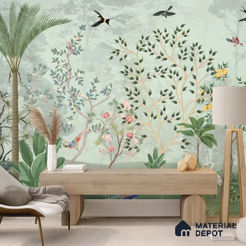 Green Orchard Court Mughal Tropics Chinoserie Mural | WP 03942 B Canvas Texture Finish Chinoiserie Style luxurious Customized size Wallpaper | 250 GSM WP01CNF Paper | (MOQ = 30 Sq. Ft.)