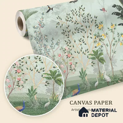 Green Orchard Court Mughal Tropics Chinoserie Mural | WP 03942 B Canvas Texture Finish Chinoiserie Style luxurious Customized size Wallpaper | 250 GSM WP01CNF Paper | (MOQ = 30 Sq. Ft.)