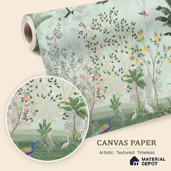 Green Orchard Court Mughal Tropics Chinoserie Mural | WP 03942 B Canvas Texture Finish Chinoiserie Style luxurious Customized size Wallpaper | 250 GSM WP01CNF Paper | (MOQ = 30 Sq. Ft.)