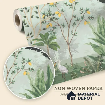 Green Orchard Court Mughal Tropics Chinoserie Mural | WP 03942 Non Woven Matte Finish Chinoiserie Style Premium Customized size Wallpaper | 150 GSM WP01MTF Paper | (MOQ = 30 Sq. Ft.)