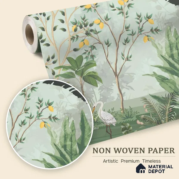 Green Orchard Court Mughal Tropics Chinoserie Mural | WP 03942 Non Woven Matte Finish Chinoiserie Style Premium Customized size Wallpaper | 150 GSM WP01MTF Paper | (MOQ = 30 Sq. Ft.)