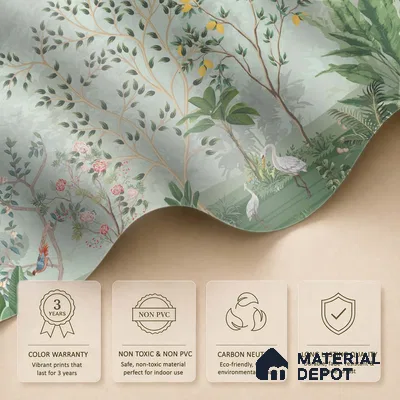 Green Orchard Court Mughal Tropics Chinoserie Mural | WP 03942 B Canvas Texture Finish Chinoiserie Style luxurious Customized size Wallpaper | 250 GSM WP01CNF Paper | (MOQ = 30 Sq. Ft.)