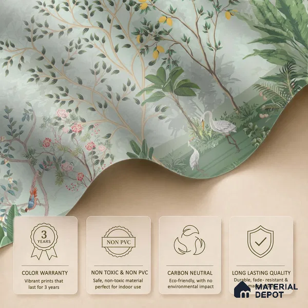 Green Orchard Court Mughal Tropics Chinoserie Mural | WP 03942 B Canvas Texture Finish Chinoiserie Style luxurious Customized size Wallpaper | 250 GSM WP01CNF Paper | (MOQ = 30 Sq. Ft.)