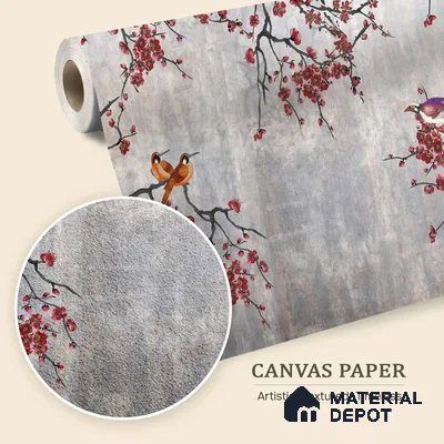 Steel Grey Crimson Blossom Branches Chinoserie Mural Art | WP 03943 B Canvas Texture Finish Chinoiserie Style luxurious Customized size Wallpaper | 250 GSM WP01CNF Paper | (MOQ = 30 Sq. Ft.) | Design change not possible