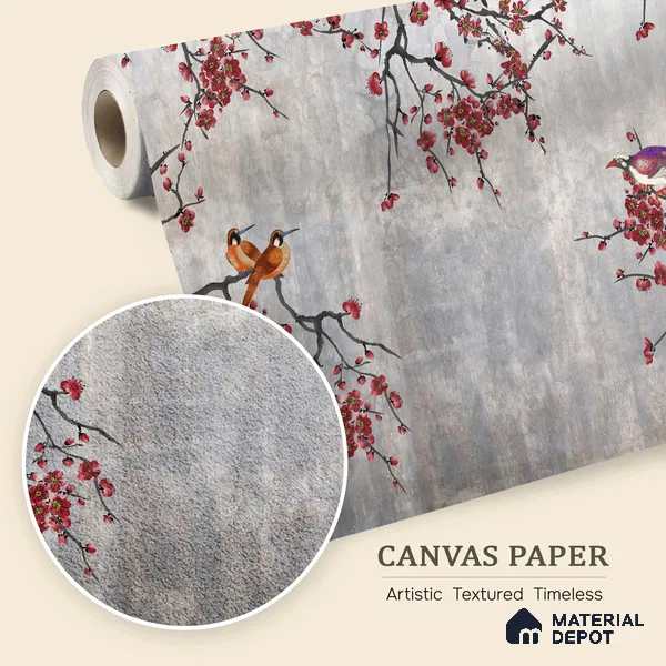 Steel Grey Crimson Blossom Branches Chinoserie Mural Art | WP 03943 B Canvas Texture Finish Chinoiserie Style luxurious Customized size Wallpaper | 250 GSM WP01CNF Paper | (MOQ = 30 Sq. Ft.) | Design change not possible