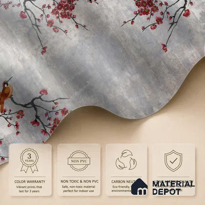 Steel Grey Crimson Blossom Branches Chinoserie Mural Art | WP 03943 B Canvas Texture Finish Chinoiserie Style luxurious Customized size Wallpaper | 250 GSM WP01CNF Paper | (MOQ = 30 Sq. Ft.) | Design change not possible