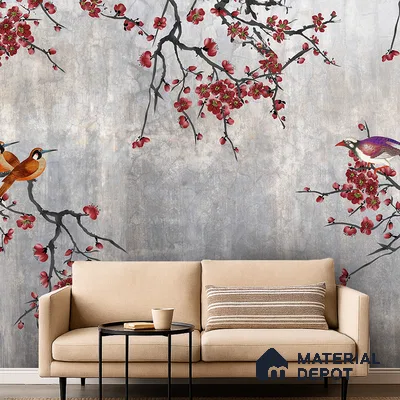 Steel Grey Crimson Blossom Branches Chinoserie Mural Art | WP 03943 Non Woven Matte Finish Chinoiserie Style Premium Customized size Wallpaper | 150 GSM WP01MTF Paper | (MOQ = 30 Sq. Ft.) | Design change not possible