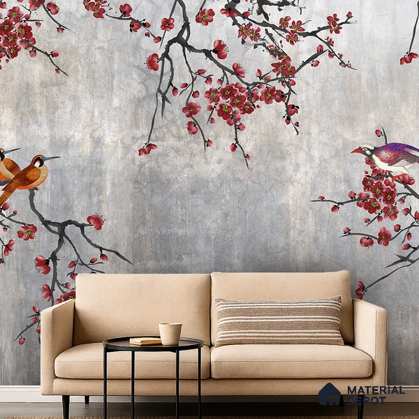 Steel Grey Crimson Blossom Branches Chinoserie Mural Art | WP 03943 Non Woven Matte Finish Chinoiserie Style Premium Customized size Wallpaper | 150 GSM WP01MTF Paper | (MOQ = 30 Sq. Ft.) | Design change not possible