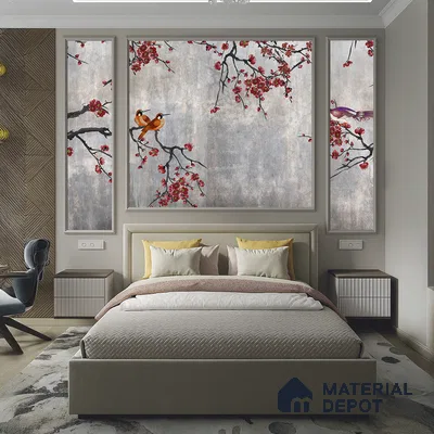 Steel Grey Crimson Blossom Branches Chinoserie Mural Art | WP 03943 Non Woven Matte Finish Chinoiserie Style Premium Customized size Wallpaper | 150 GSM WP01MTF Paper | (MOQ = 30 Sq. Ft.) | Design change not possible