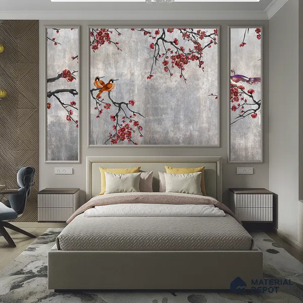 Steel Grey Crimson Blossom Branches Chinoserie Mural Art | WP 03943 Non Woven Matte Finish Chinoiserie Style Premium Customized size Wallpaper | 150 GSM WP01MTF Paper | (MOQ = 30 Sq. Ft.) | Design change not possible