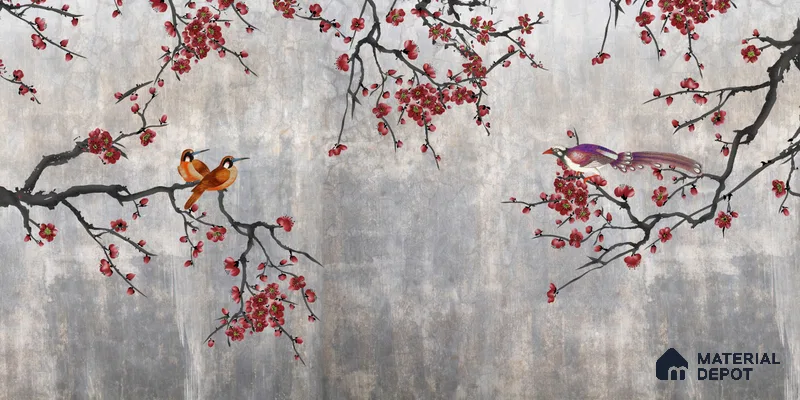 Steel Grey Crimson Blossom Branches Chinoserie Mural Art | WP 03943 Non Woven Matte Finish Chinoiserie Style Premium Customized size Wallpaper | 150 GSM WP01MTF Paper | (MOQ = 30 Sq. Ft.) | Design change not possible