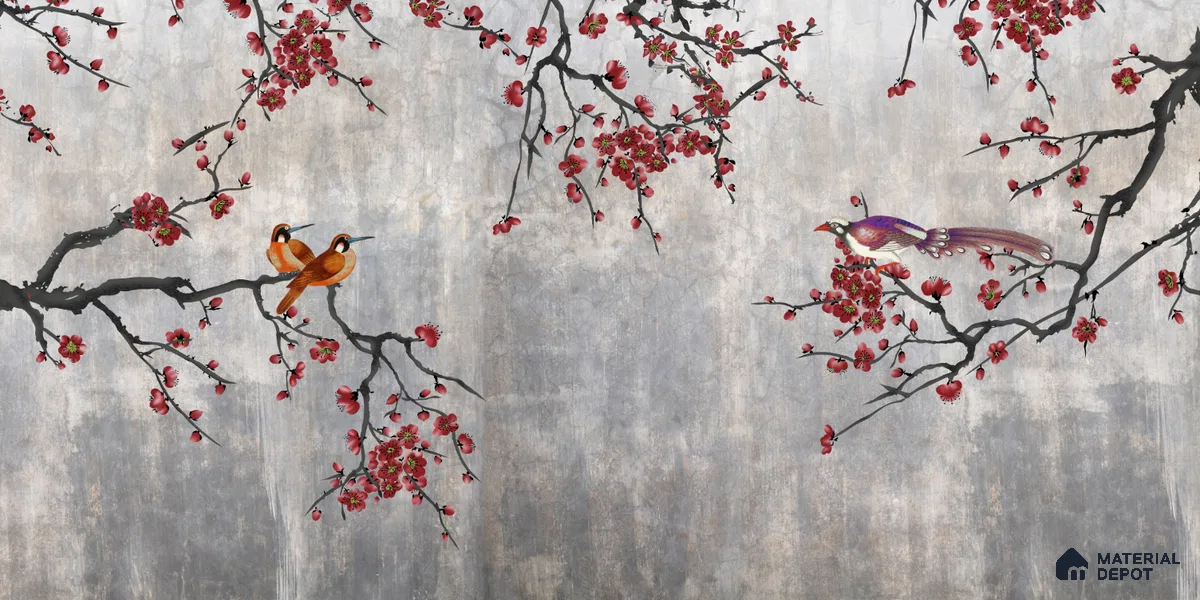 Steel Grey Crimson Blossom Branches Chinoserie Mural Art | WP 03943 Non Woven Matte Finish Chinoiserie Style Premium Customized size Wallpaper | 150 GSM WP01MTF Paper | (MOQ = 30 Sq. Ft.) | Design change not possible
