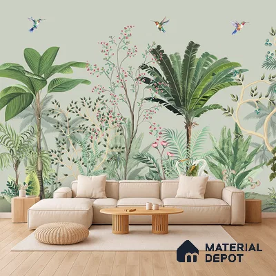 Sage Canopy Exotic Bird Garden Mughal Tropics Chinoserie Mural | WP 03944 B Canvas Texture Finish Chinoiserie Style luxurious Customized size Wallpaper | 250 GSM WP01CNF Paper | (MOQ = 30 Sq. Ft.)