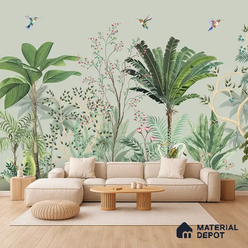 Sage Canopy Exotic Bird Garden Mughal Tropics Chinoserie Mural | WP 03944 B Canvas Texture Finish Chinoiserie Style luxurious Customized size Wallpaper | 250 GSM WP01CNF Paper | (MOQ = 30 Sq. Ft.)