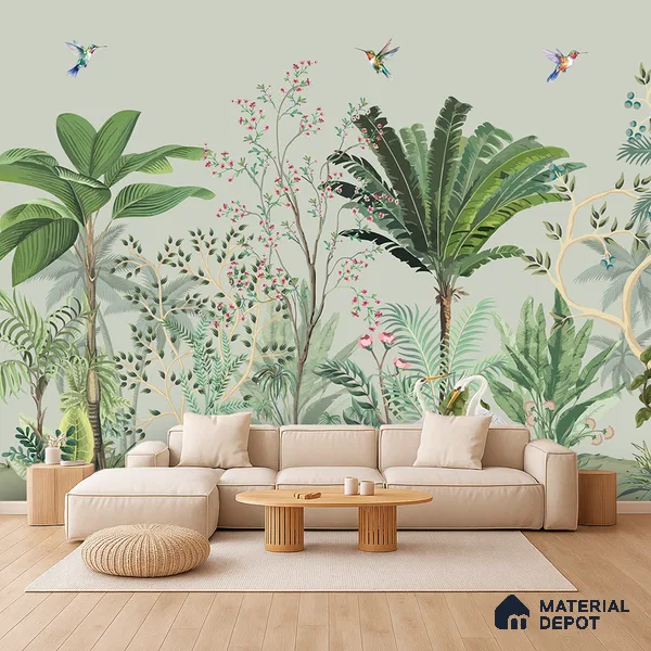 Sage Canopy Exotic Bird Garden Mughal Tropics Chinoserie Mural | WP 03944 B Canvas Texture Finish Chinoiserie Style luxurious Customized size Wallpaper | 250 GSM WP01CNF Paper | (MOQ = 30 Sq. Ft.)