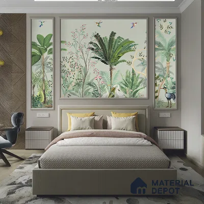 Sage Canopy Exotic Bird Garden Mughal Tropics Chinoserie Mural | WP 03944 B Canvas Texture Finish Chinoiserie Style luxurious Customized size Wallpaper | 250 GSM WP01CNF Paper | (MOQ = 30 Sq. Ft.)