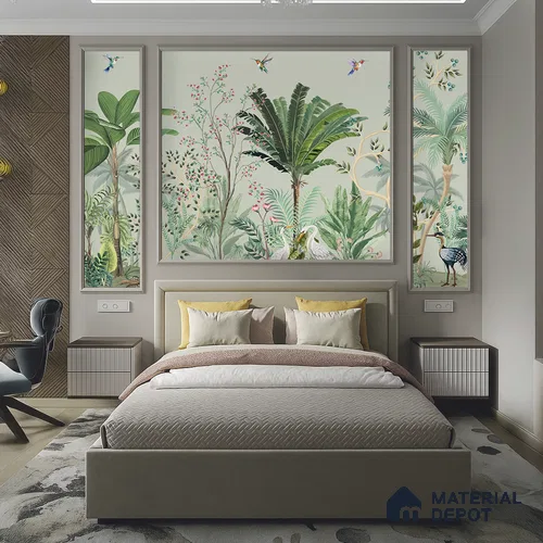 Sage Canopy Exotic Bird Garden Mughal Tropics Chinoserie Mural | WP 03944 B Canvas Texture Finish Chinoiserie Style luxurious Customized size Wallpaper | 250 GSM WP01CNF Paper | (MOQ = 30 Sq. Ft.)