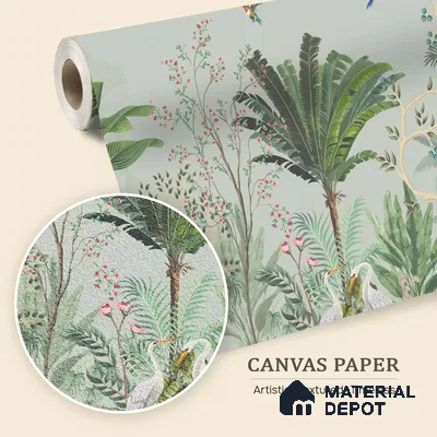 Sage Canopy Exotic Bird Garden Mughal Tropics Chinoserie Mural | WP 03944 B Canvas Texture Finish Chinoiserie Style luxurious Customized size Wallpaper | 250 GSM WP01CNF Paper | (MOQ = 30 Sq. Ft.)