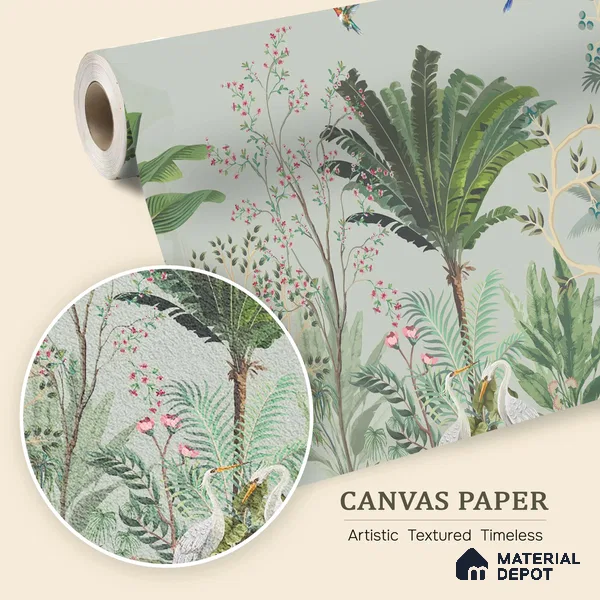 Sage Canopy Exotic Bird Garden Mughal Tropics Chinoserie Mural | WP 03944 B Canvas Texture Finish Chinoiserie Style luxurious Customized size Wallpaper | 250 GSM WP01CNF Paper | (MOQ = 30 Sq. Ft.)