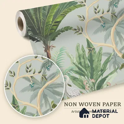 Sage Canopy Exotic Bird Garden Mughal Tropics Chinoserie Mural | WP 03944 Non Woven Matte Finish Chinoiserie Style Premium Customized size Wallpaper | 150 GSM WP01MTF Paper | (MOQ = 30 Sq. Ft.)