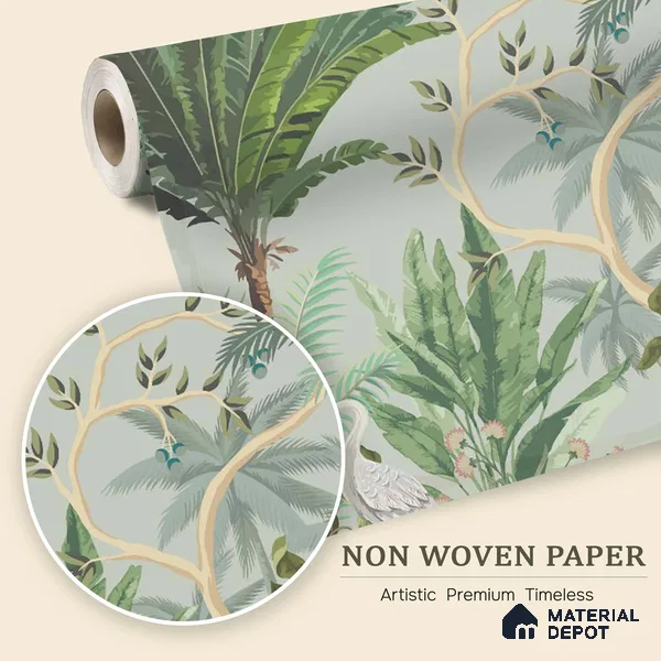 Sage Canopy Exotic Bird Garden Mughal Tropics Chinoserie Mural | WP 03944 Non Woven Matte Finish Chinoiserie Style Premium Customized size Wallpaper | 150 GSM WP01MTF Paper | (MOQ = 30 Sq. Ft.)