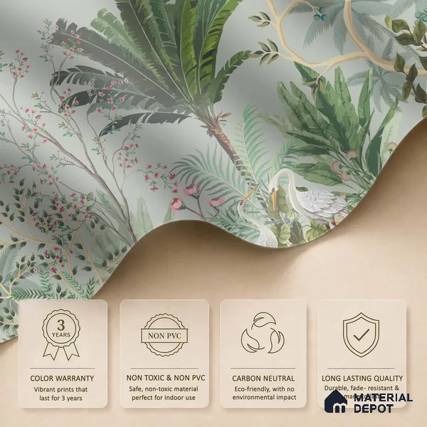 Sage Canopy Exotic Bird Garden Mughal Tropics Chinoserie Mural | WP 03944 Non Woven Matte Finish Chinoiserie Style Premium Customized size Wallpaper | 150 GSM WP01MTF Paper | (MOQ = 30 Sq. Ft.)