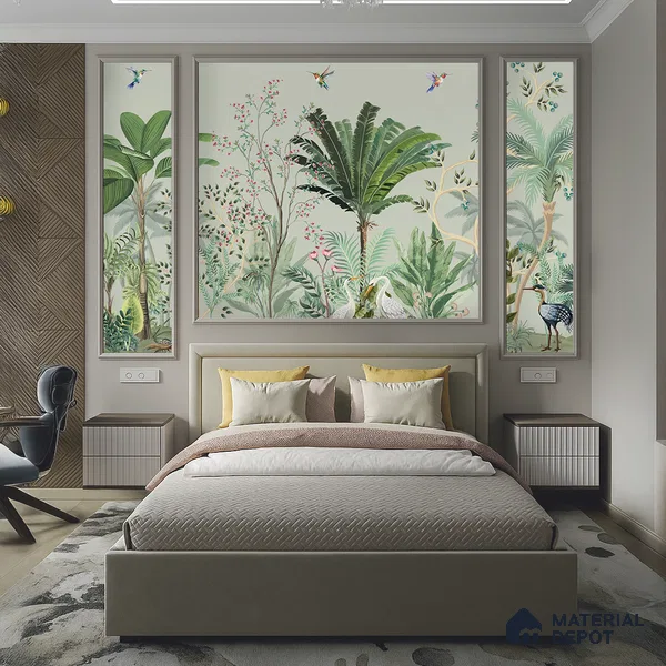 Sage Canopy Exotic Bird Garden Mughal Tropics Chinoserie Mural | WP 03944 Non Woven Matte Finish Chinoiserie Style Premium Customized size Wallpaper | 150 GSM WP01MTF Paper | (MOQ = 30 Sq. Ft.)