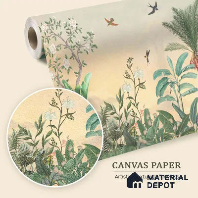 Golden Dawn Tropical Bird Garden Ornate Birds Chinoserie Classic | WP 03945 B Canvas Texture Finish Chinoiserie Style luxurious Customized size Wallpaper | 250 GSM WP01CNF Paper | (MOQ = 30 Sq. Ft.)