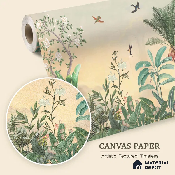 Golden Dawn Tropical Bird Garden Ornate Birds Chinoserie Classic | WP 03945 B Canvas Texture Finish Chinoiserie Style luxurious Customized size Wallpaper | 250 GSM WP01CNF Paper | (MOQ = 30 Sq. Ft.)