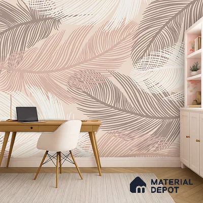 Blush Feather Drift Abstract Serenity Art | WP 03947 Non Woven Matte Finish Tropical Style Premium Customized size Wallpaper | 150 GSM WP01MTF Paper | (MOQ = 30 Sq. Ft.)