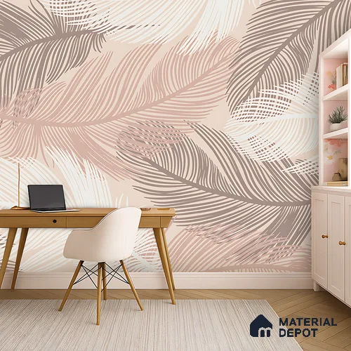 Blush Feather Drift Abstract Serenity Art | WP 03947 Non Woven Matte Finish Tropical Style Premium Customized size Wallpaper | 150 GSM WP01MTF Paper | (MOQ = 30 Sq. Ft.)
