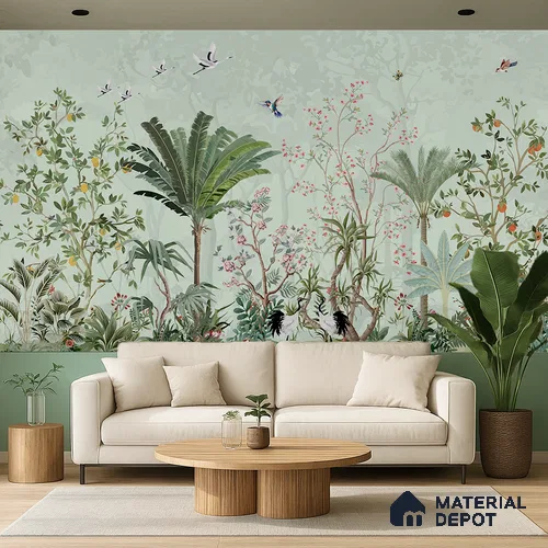 Birdsong Botanical Forest Tropical Petals Wall Mural | WP 03949 B Canvas Texture Finish Chinoiserie Style luxurious Customized size Wallpaper | 250 GSM WP01CNF Paper | (MOQ = 30 Sq. Ft.)