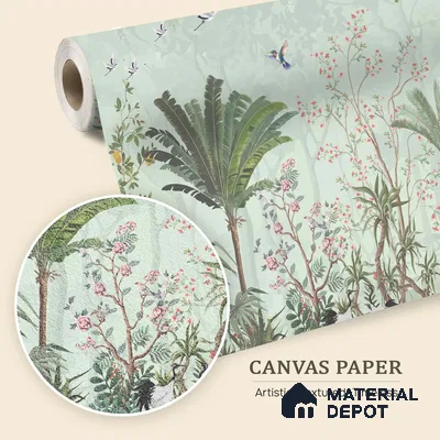 Birdsong Botanical Forest Tropical Petals Wall Mural | WP 03949 B Canvas Texture Finish Chinoiserie Style luxurious Customized size Wallpaper | 250 GSM WP01CNF Paper | (MOQ = 30 Sq. Ft.)