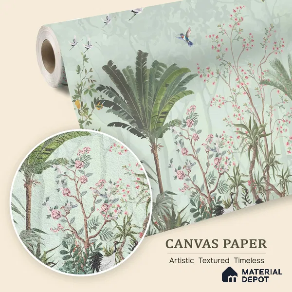 Birdsong Botanical Forest Tropical Petals Wall Mural | WP 03949 B Canvas Texture Finish Chinoiserie Style luxurious Customized size Wallpaper | 250 GSM WP01CNF Paper | (MOQ = 30 Sq. Ft.)