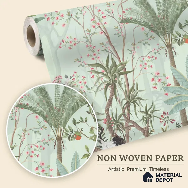 Birdsong Botanical Forest Tropical Petals Wall Mural | WP 03949 Non Woven Matte Finish Chinoiserie Style Premium Customized size Wallpaper | 150 GSM WP01MTF Paper | (MOQ = 30 Sq. Ft.)