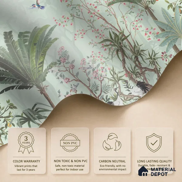 Birdsong Botanical Forest Tropical Petals Wall Mural | WP 03949 Non Woven Matte Finish Chinoiserie Style Premium Customized size Wallpaper | 150 GSM WP01MTF Paper | (MOQ = 30 Sq. Ft.)