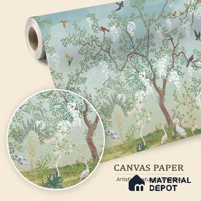 White Blossom Aviary Meadow Tropical Mist Nature Art | WP 03950 B Canvas Texture Finish Tropical Style luxurious Customized size Wallpaper | 250 GSM WP01CNF Paper | (MOQ = 30 Sq. Ft.)