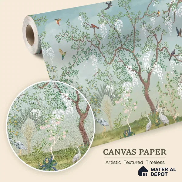 White Blossom Aviary Meadow Tropical Mist Nature Art | WP 03950 B Canvas Texture Finish Tropical Style luxurious Customized size Wallpaper | 250 GSM WP01CNF Paper | (MOQ = 30 Sq. Ft.)