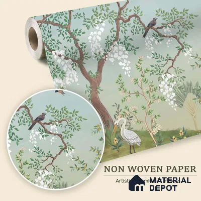 White Blossom Aviary Meadow Tropical Mist Nature Art | WP 03950 Non Woven Matte Finish Tropical Style Premium Customized size Wallpaper | 150 GSM WP01MTF Paper | (MOQ = 30 Sq. Ft.)