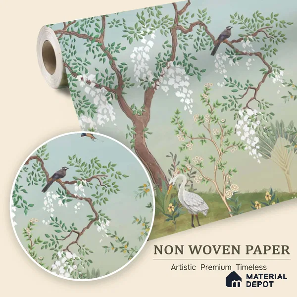 White Blossom Aviary Meadow Tropical Mist Nature Art | WP 03950 Non Woven Matte Finish Tropical Style Premium Customized size Wallpaper | 150 GSM WP01MTF Paper | (MOQ = 30 Sq. Ft.)