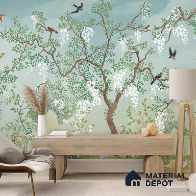 White Blossom Aviary Meadow Tropical Mist Nature Art | WP 03950 Non Woven Matte Finish Tropical Style Premium Customized size Wallpaper | 150 GSM WP01MTF Paper | (MOQ = 30 Sq. Ft.)