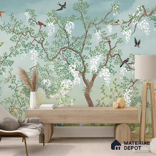 White Blossom Aviary Meadow Tropical Mist Nature Art | WP 03950 Non Woven Matte Finish Tropical Style Premium Customized size Wallpaper | 150 GSM WP01MTF Paper | (MOQ = 30 Sq. Ft.)